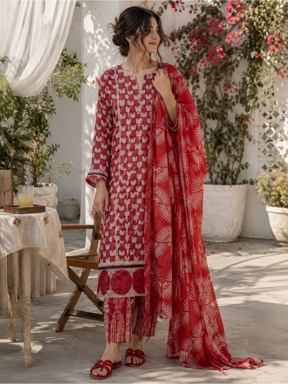 Red Printed Women’s Kurta Set with Dupatta